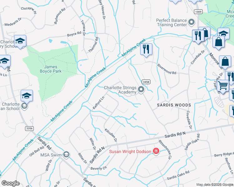 map of restaurants, bars, coffee shops, grocery stores, and more near 7511 Shadowstone Drive in Charlotte