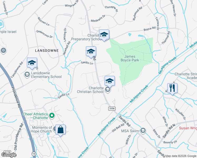 map of restaurants, bars, coffee shops, grocery stores, and more near 7301 Sardis Road in Charlotte