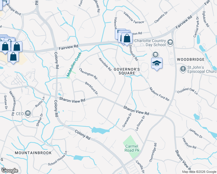 map of restaurants, bars, coffee shops, grocery stores, and more near 4211 Chevington Road in Charlotte