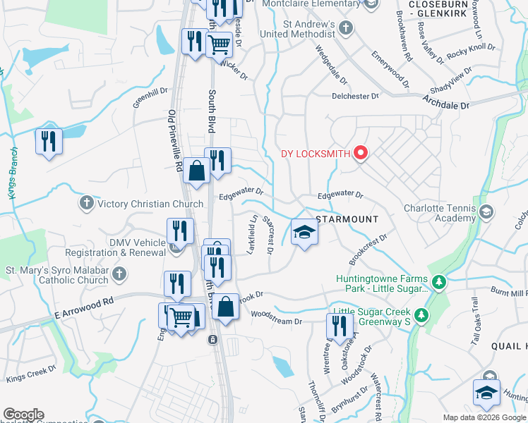 map of restaurants, bars, coffee shops, grocery stores, and more near 6618 Starcrest Drive in Charlotte