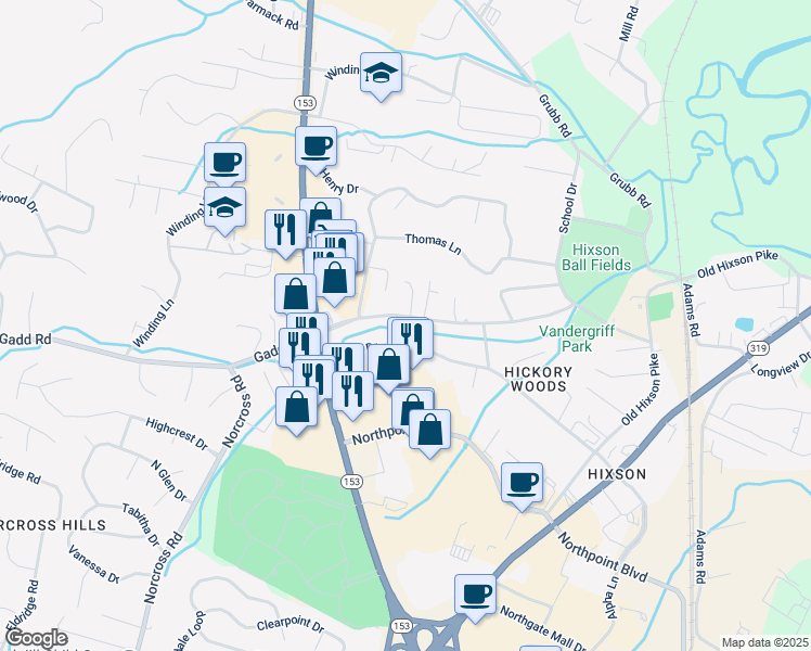 map of restaurants, bars, coffee shops, grocery stores, and more near 1222 Gadd Road in Chattanooga