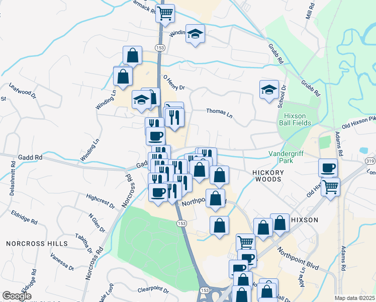 map of restaurants, bars, coffee shops, grocery stores, and more near 1210 Gadd Road in Chattanooga