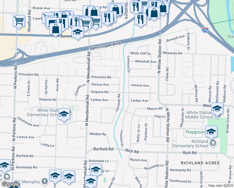 map of restaurants, bars, coffee shops, grocery stores, and more near 400 North Fernway Drive in Memphis