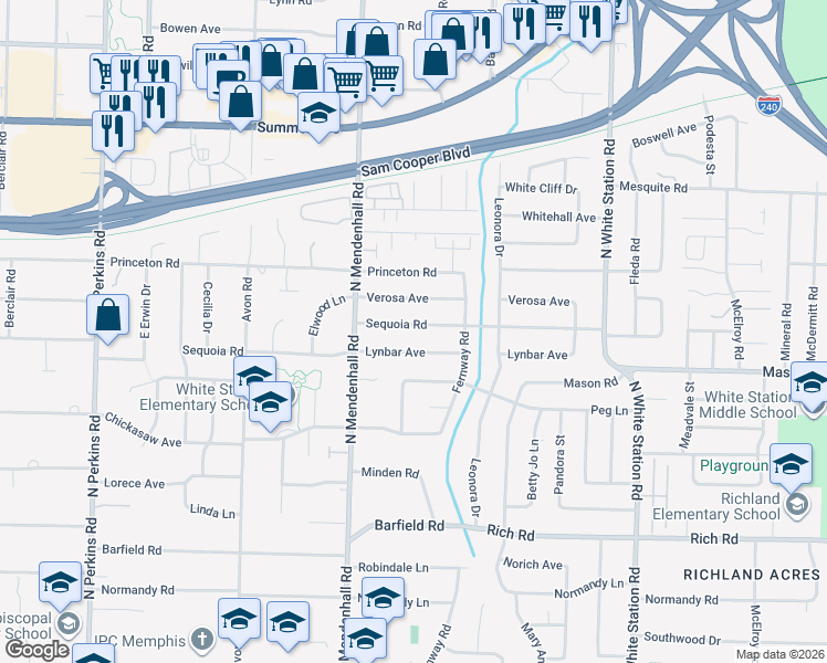 map of restaurants, bars, coffee shops, grocery stores, and more near 4969 Sequoia Road in Memphis