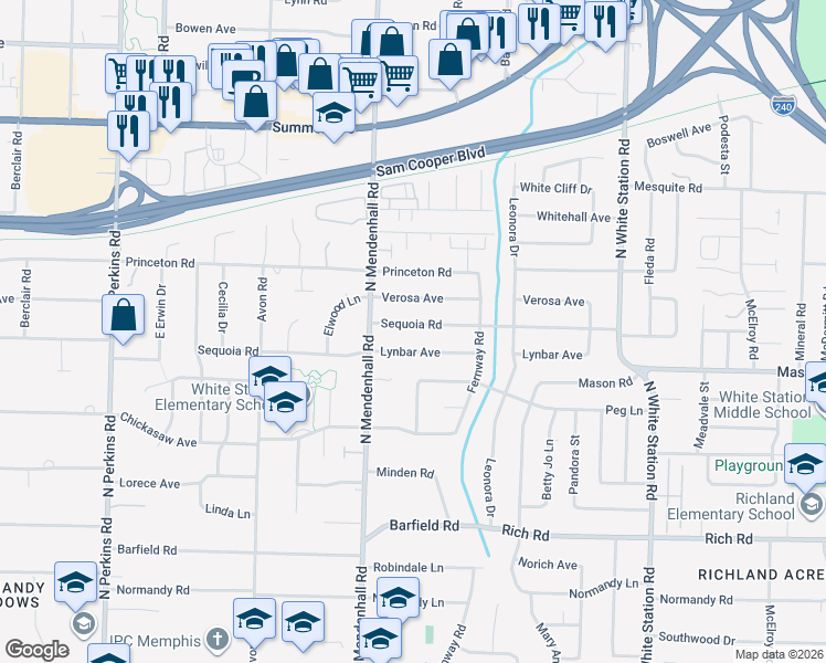 map of restaurants, bars, coffee shops, grocery stores, and more near 4969 Sequoia Road in Memphis