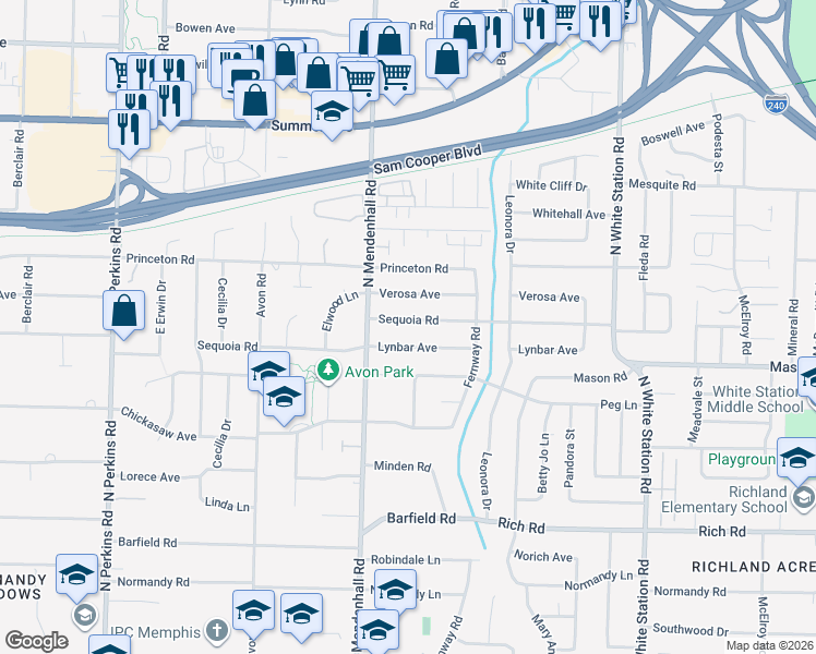 map of restaurants, bars, coffee shops, grocery stores, and more near 4969 Sequoia Road in Memphis