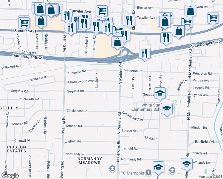 map of restaurants, bars, coffee shops, grocery stores, and more near 4554 Sequoia Avenue in Memphis
