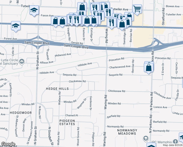 map of restaurants, bars, coffee shops, grocery stores, and more near 4284 Sequoia Road in Memphis