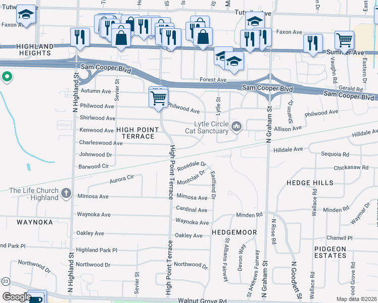map of restaurants, bars, coffee shops, grocery stores, and more near 3775 South Swan Ridge Circle in Memphis
