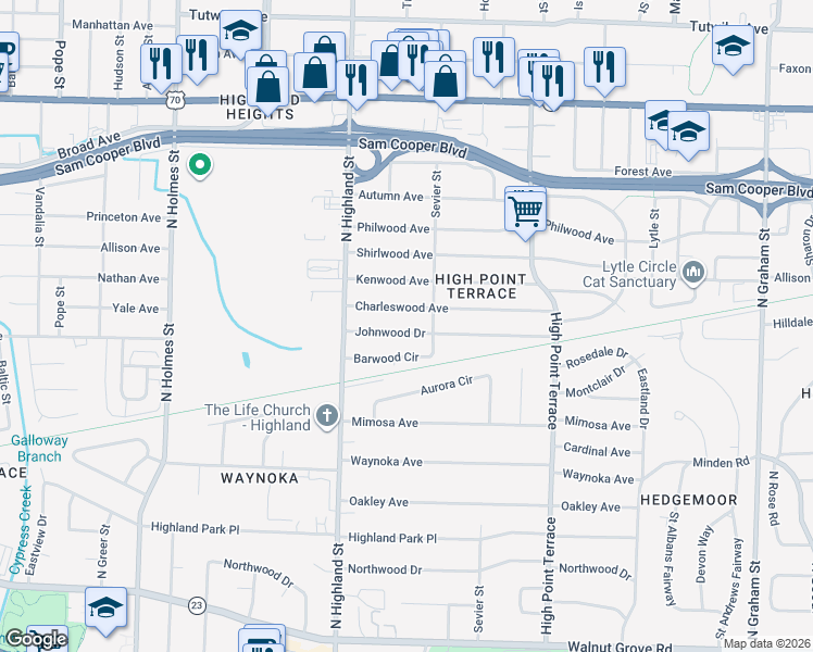 map of restaurants, bars, coffee shops, grocery stores, and more near 3546 Johnwood Drive in Memphis