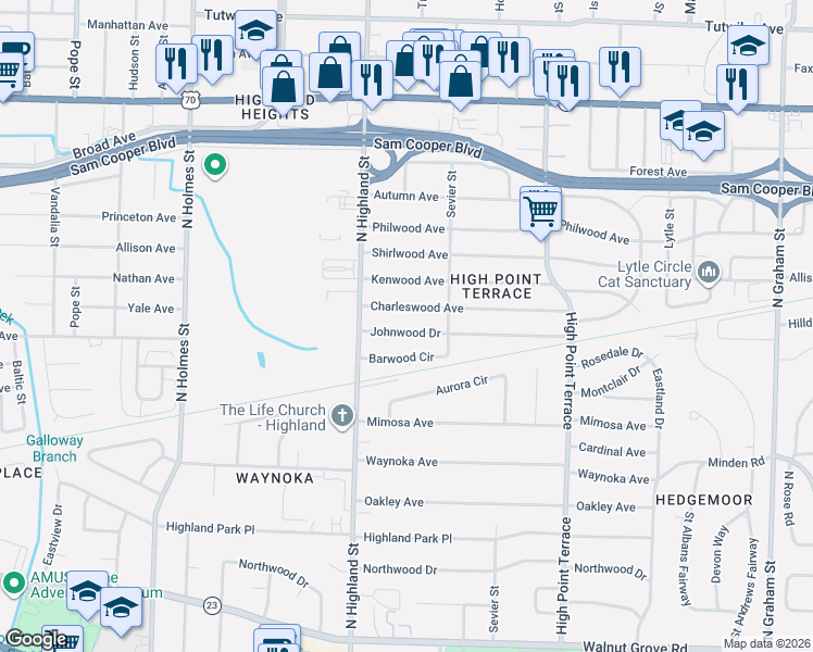 map of restaurants, bars, coffee shops, grocery stores, and more near 3546 Johnwood Drive in Memphis