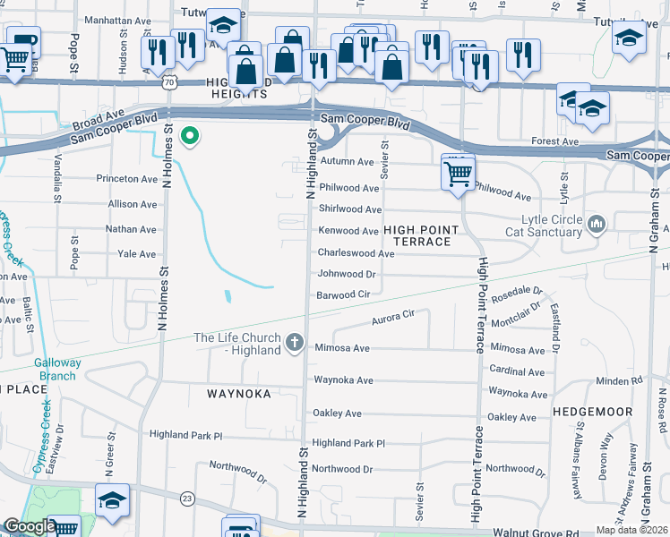map of restaurants, bars, coffee shops, grocery stores, and more near 3546 Johnwood Drive in Memphis