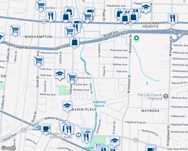 map of restaurants, bars, coffee shops, grocery stores, and more near 3092 Johnson Avenue in Memphis