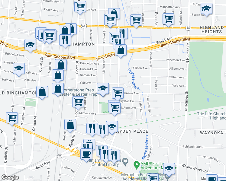 map of restaurants, bars, coffee shops, grocery stores, and more near 2953 Hale Avenue in Memphis