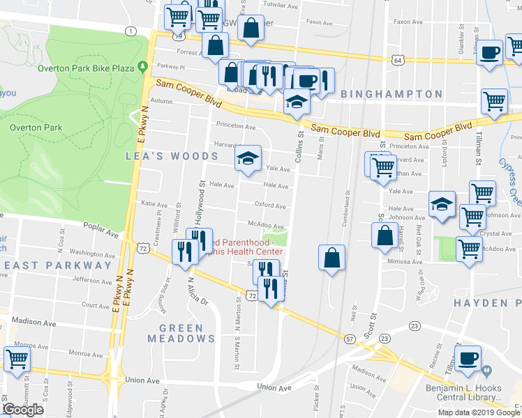 map of restaurants, bars, coffee shops, grocery stores, and more near 257 North Bingham Street in Memphis