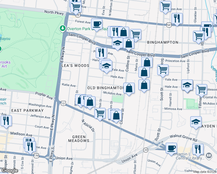 map of restaurants, bars, coffee shops, grocery stores, and more near 257 North Bingham Street in Memphis