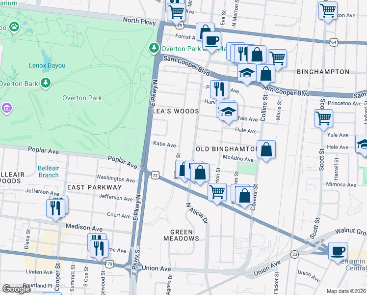 map of restaurants, bars, coffee shops, grocery stores, and more near 233 North Hollywood Street in Memphis