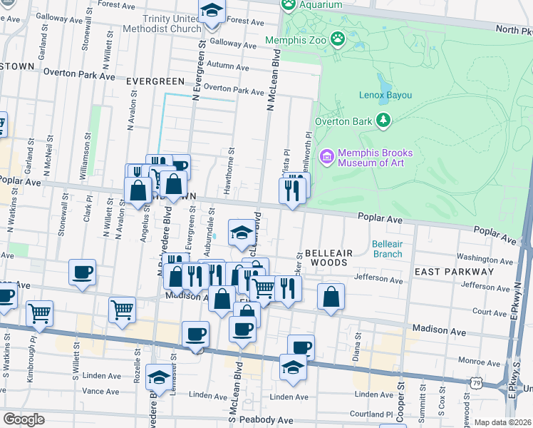 map of restaurants, bars, coffee shops, grocery stores, and more near in Memphis