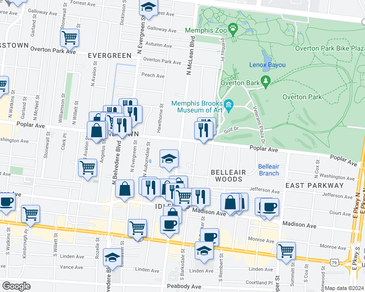 map of restaurants, bars, coffee shops, grocery stores, and more near in Memphis