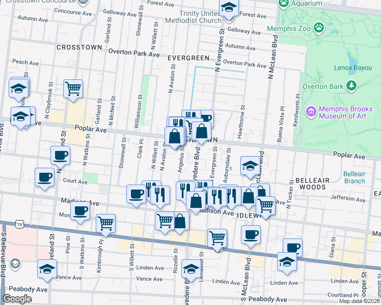 map of restaurants, bars, coffee shops, grocery stores, and more near 154 North Belvedere Boulevard in Memphis
