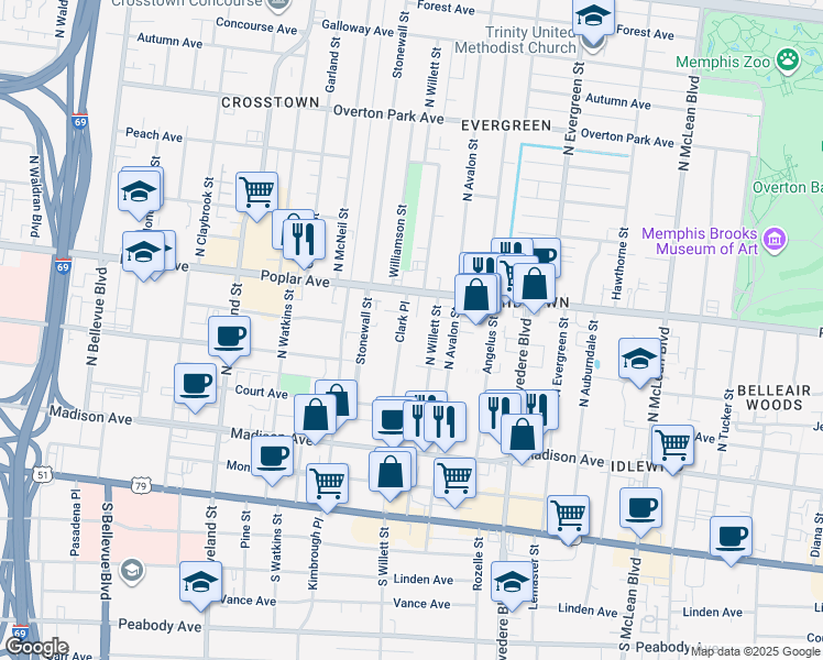 map of restaurants, bars, coffee shops, grocery stores, and more near 136 Clark Place in Memphis