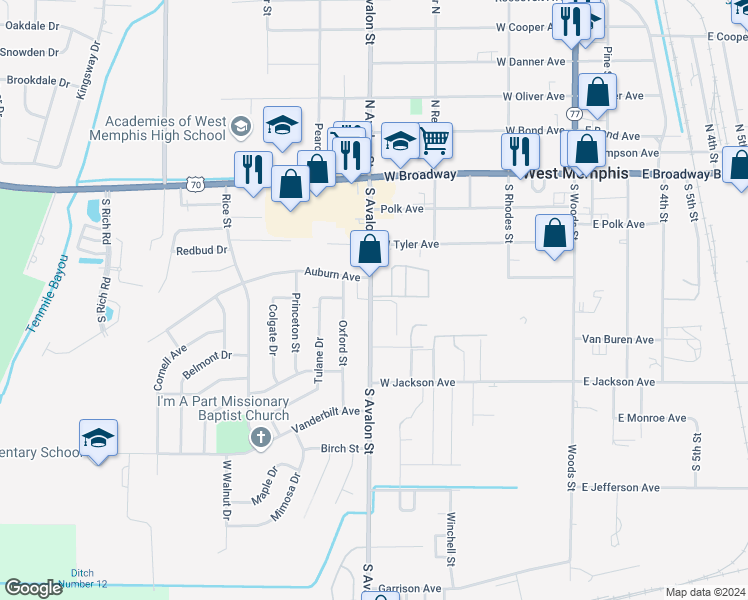 map of restaurants, bars, coffee shops, grocery stores, and more near 401 South Avalon Street in West Memphis