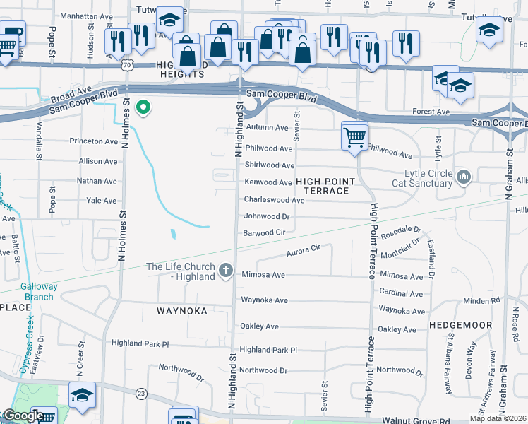 map of restaurants, bars, coffee shops, grocery stores, and more near 3546 Johnwood Drive in Memphis