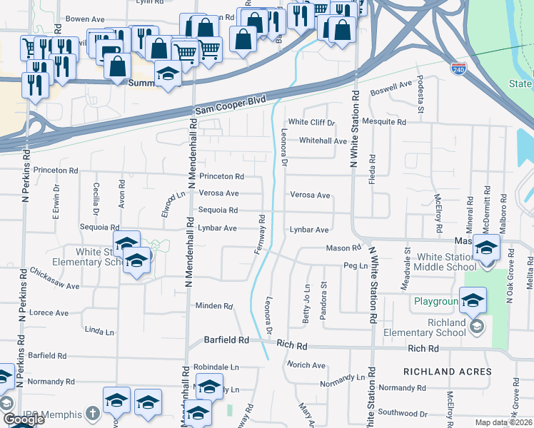map of restaurants, bars, coffee shops, grocery stores, and more near 400 Fernway Road in Memphis