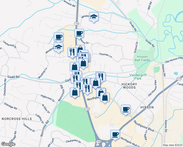 map of restaurants, bars, coffee shops, grocery stores, and more near 1210 Gadd Road in Chattanooga