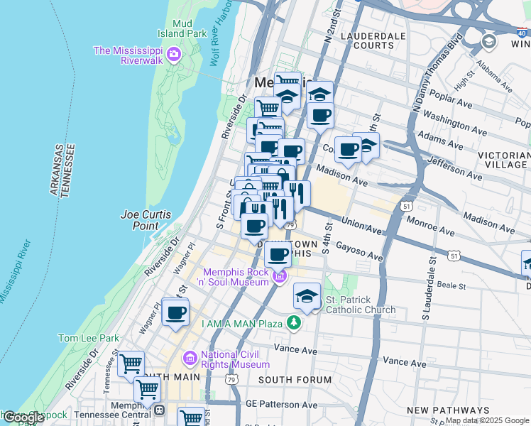 map of restaurants, bars, coffee shops, grocery stores, and more near 149 U.S. 79 in Memphis