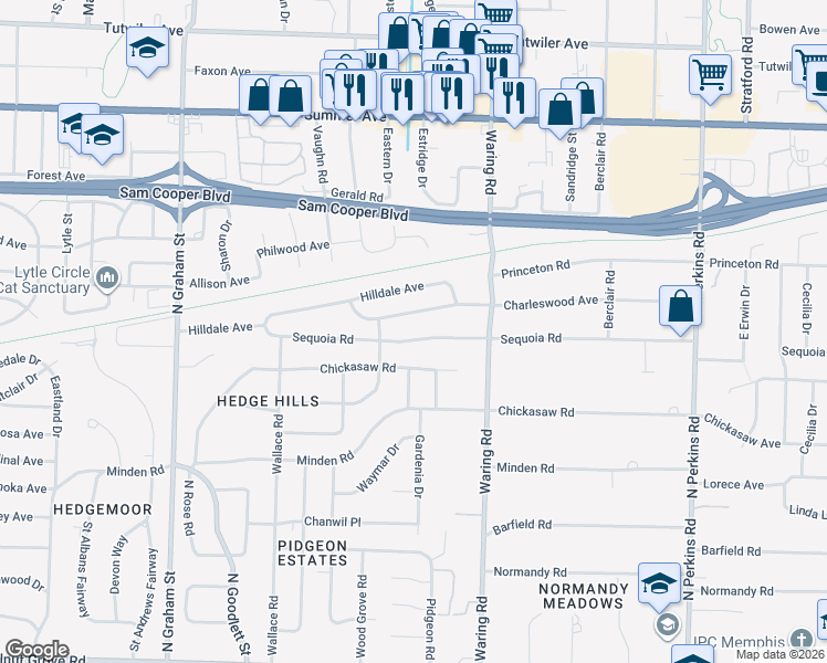 map of restaurants, bars, coffee shops, grocery stores, and more near 4284 Sequoia Road in Memphis