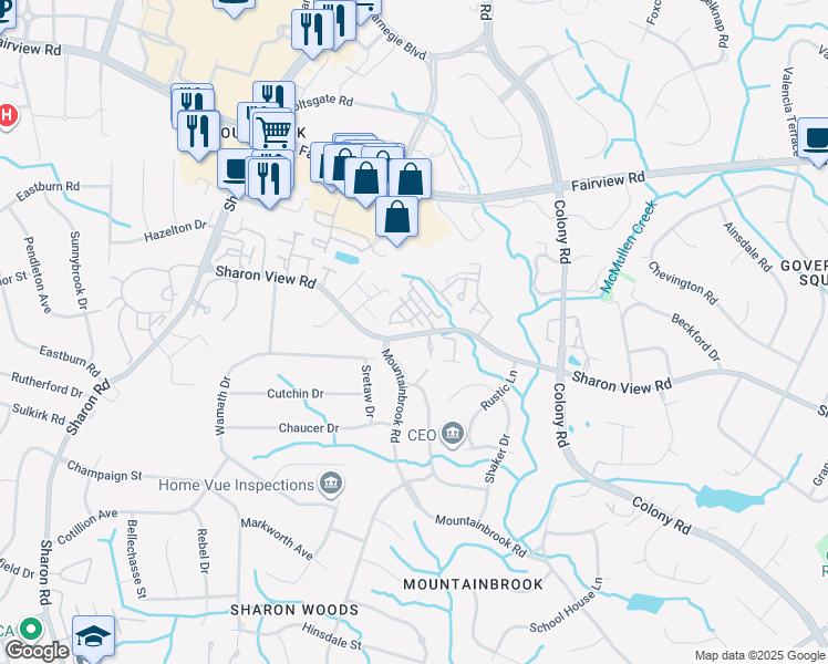 map of restaurants, bars, coffee shops, grocery stores, and more near 3449 Sharon View Road in Charlotte