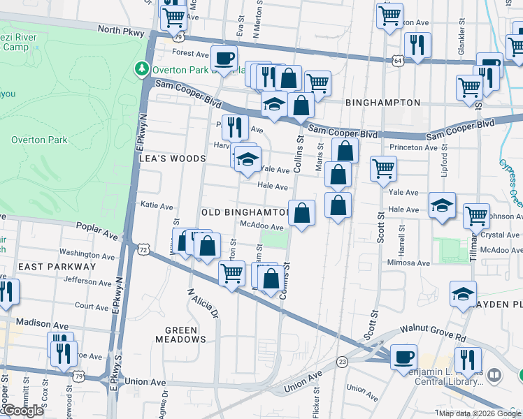 map of restaurants, bars, coffee shops, grocery stores, and more near 257 North Bingham Street in Memphis