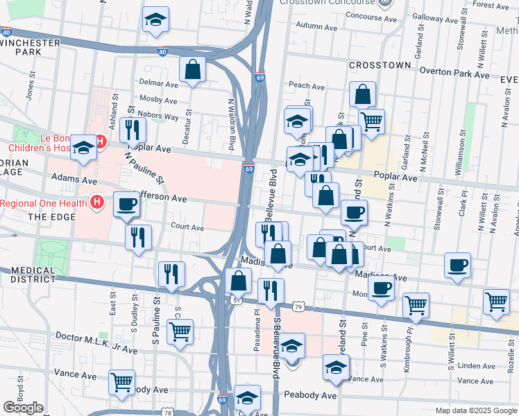 map of restaurants, bars, coffee shops, grocery stores, and more near 1158 Jefferson Avenue in Memphis