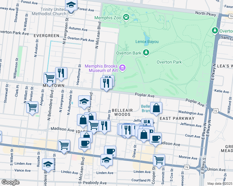 map of restaurants, bars, coffee shops, grocery stores, and more near 1951 Poplar Avenue in Memphis