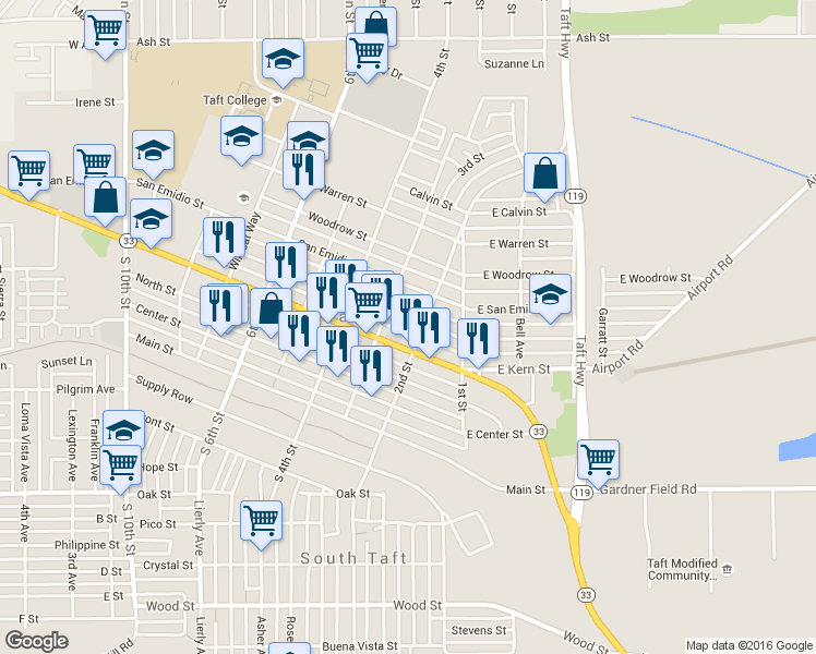 map of restaurants, bars, coffee shops, grocery stores, and more near 211 Lucard Street in Taft