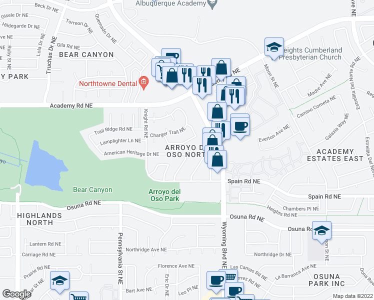 map of restaurants, bars, coffee shops, grocery stores, and more near 7917 American Heritage Drive Northeast in Albuquerque