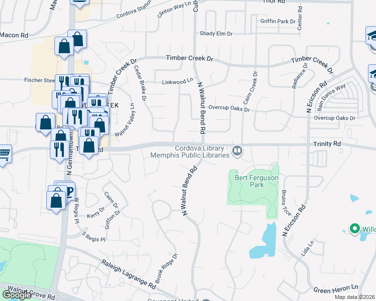 map of restaurants, bars, coffee shops, grocery stores, and more near 8333 Trinity Road in Memphis