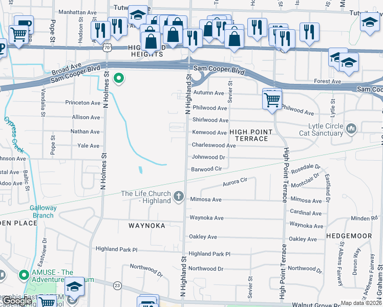 map of restaurants, bars, coffee shops, grocery stores, and more near 370 North Highland Street in Memphis