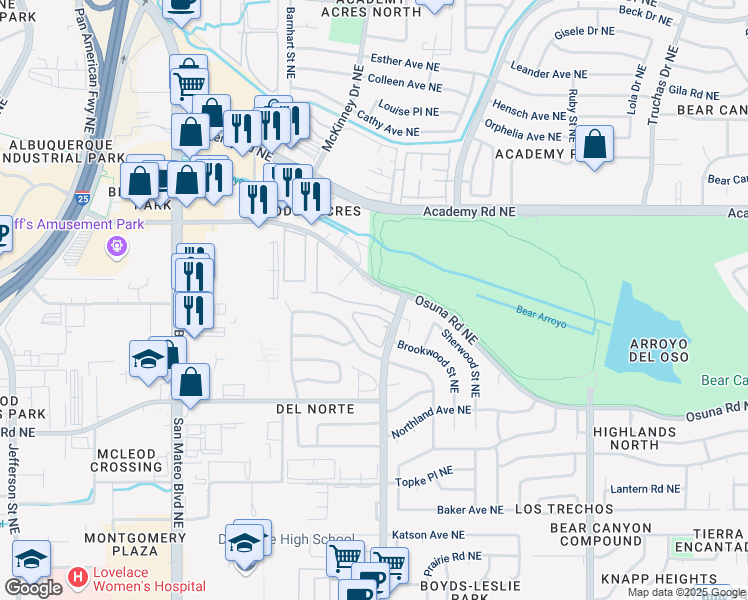map of restaurants, bars, coffee shops, grocery stores, and more near 6121 Del Campo Place in Albuquerque
