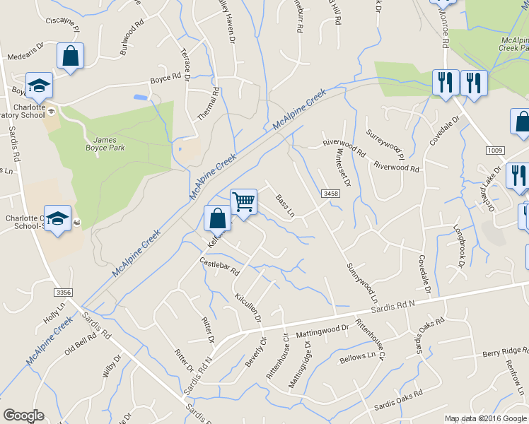 map of restaurants, bars, coffee shops, grocery stores, and more near 7511 Shadowstone Drive in Charlotte