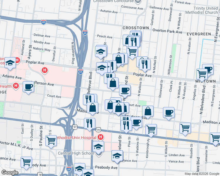 map of restaurants, bars, coffee shops, grocery stores, and more near 1278 Jefferson Ave in Memphis