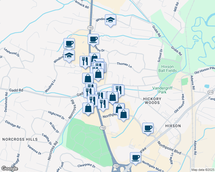 map of restaurants, bars, coffee shops, grocery stores, and more near 1210 Gadd Road in Chattanooga