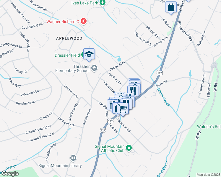 map of restaurants, bars, coffee shops, grocery stores, and more near 723 Lancaster Drive in Signal Mountain