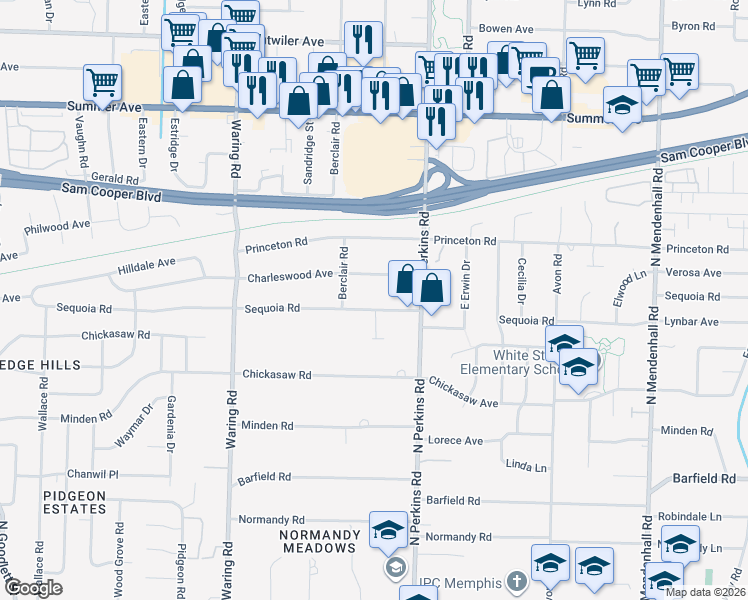 map of restaurants, bars, coffee shops, grocery stores, and more near 4554 Sequoia Avenue in Memphis