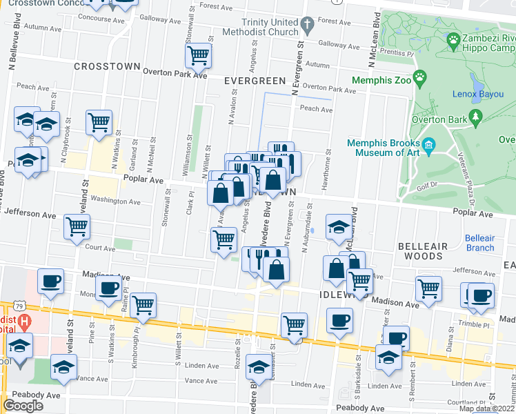 map of restaurants, bars, coffee shops, grocery stores, and more near 154 North Belvedere Boulevard in Memphis