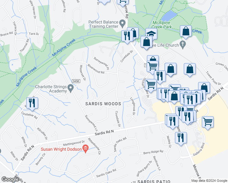 map of restaurants, bars, coffee shops, grocery stores, and more near 1030 Wishing Well Lane in Charlotte