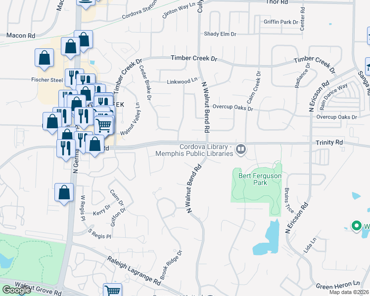 map of restaurants, bars, coffee shops, grocery stores, and more near 8333 Trinity Road in Memphis