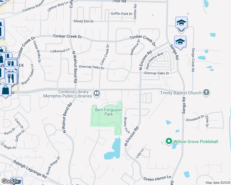 map of restaurants, bars, coffee shops, grocery stores, and more near 8505 Trinity Road in Memphis