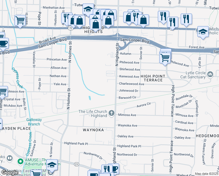 map of restaurants, bars, coffee shops, grocery stores, and more near 371 North Highland Street in Memphis